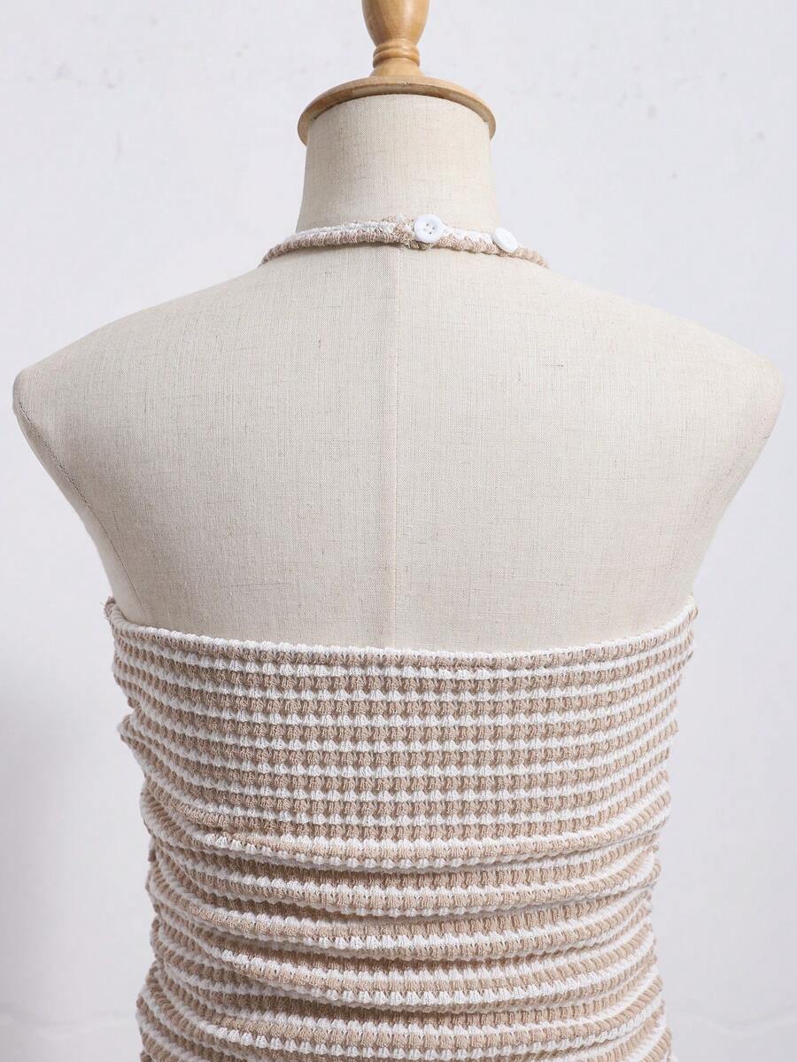Tween girls apricot sleeveless halter mini dress with textured starfish and shell decor, shirred tiered layer, high waist, and flounce hem.