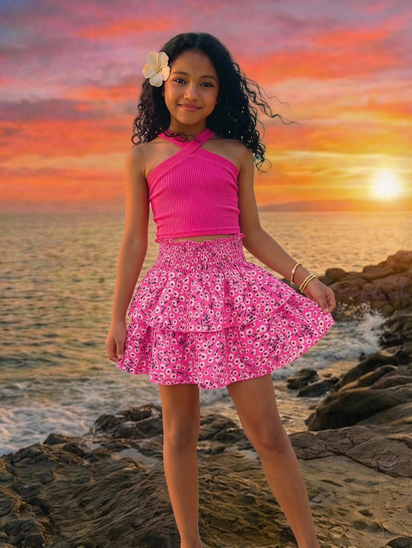 Tween girls blue and white 2-piece set with a striped halter neck vest top and a floral high-waist tiered paperbag skirt.