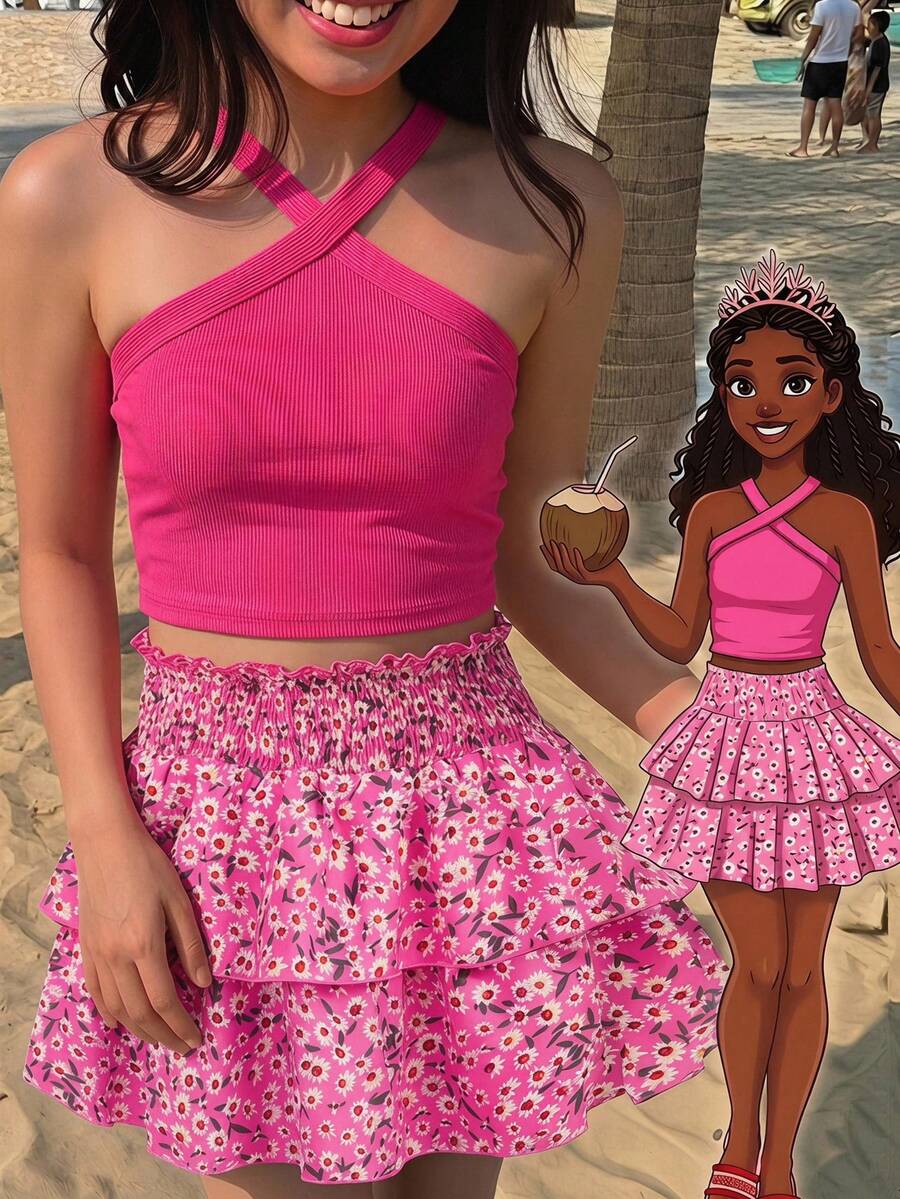 Tween girls blue and white 2-piece set with a striped halter neck vest top and a floral high-waist tiered paperbag skirt.