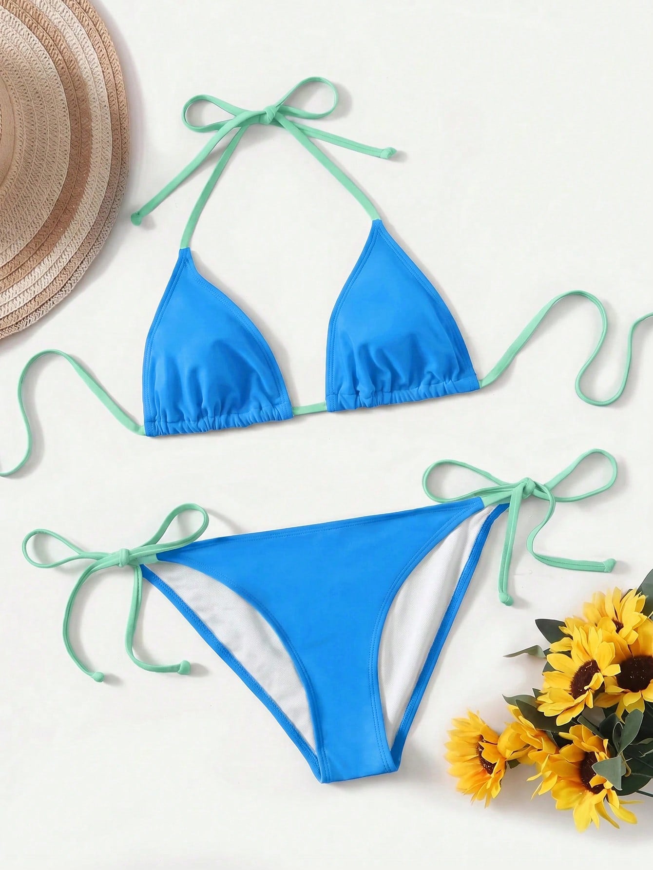 Women's high waist halter tie bikini swimwear set featuring triangle cups, wireless bra with removable padding, and tie side bottoms.