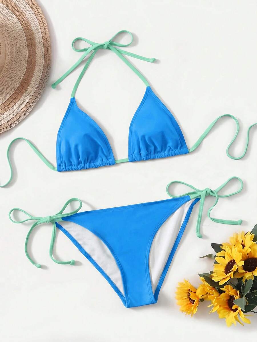 Women's high waist halter tie bikini swimwear set featuring triangle cups, wireless bra with removable padding, and tie side bottoms.