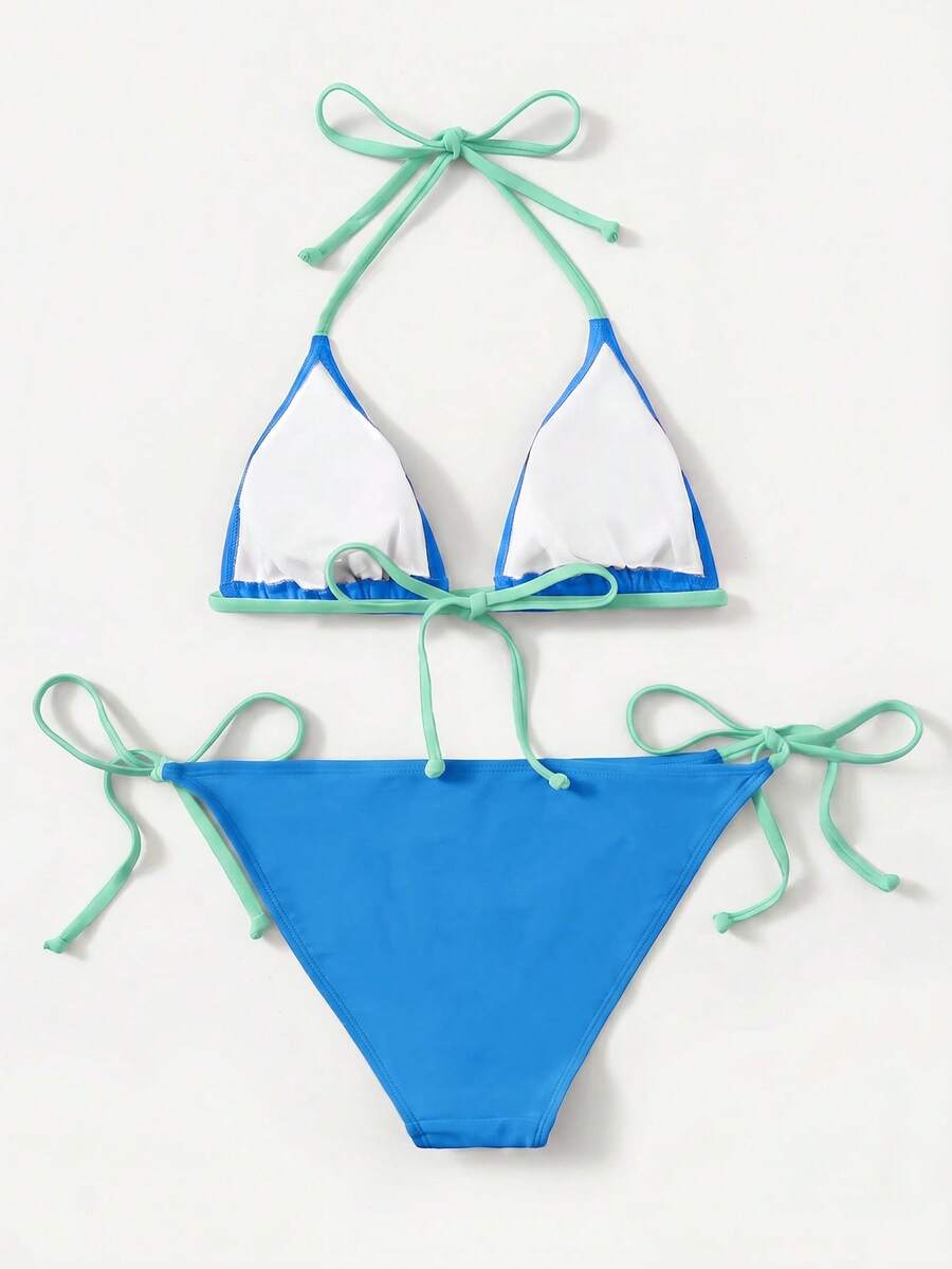 Women's high waist halter tie bikini swimwear set featuring triangle cups, wireless bra with removable padding, and tie side bottoms.