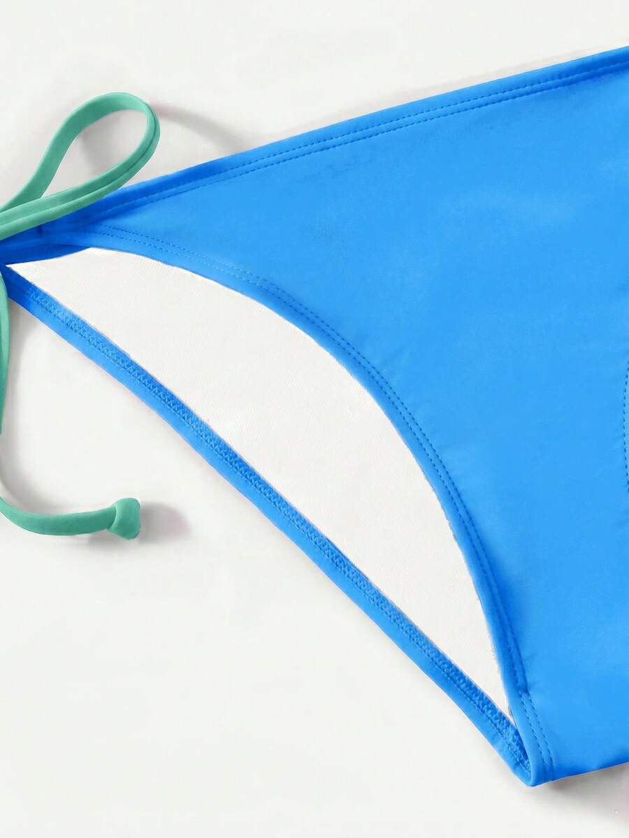 Women's high waist halter tie bikini swimwear set featuring triangle cups, wireless bra with removable padding, and tie side bottoms.