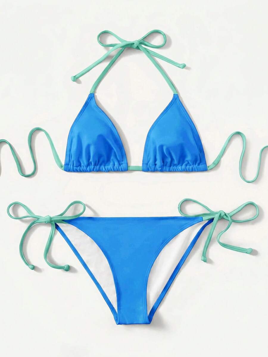 Women's high waist halter tie bikini swimwear set featuring triangle cups, wireless bra with removable padding, and tie side bottoms.