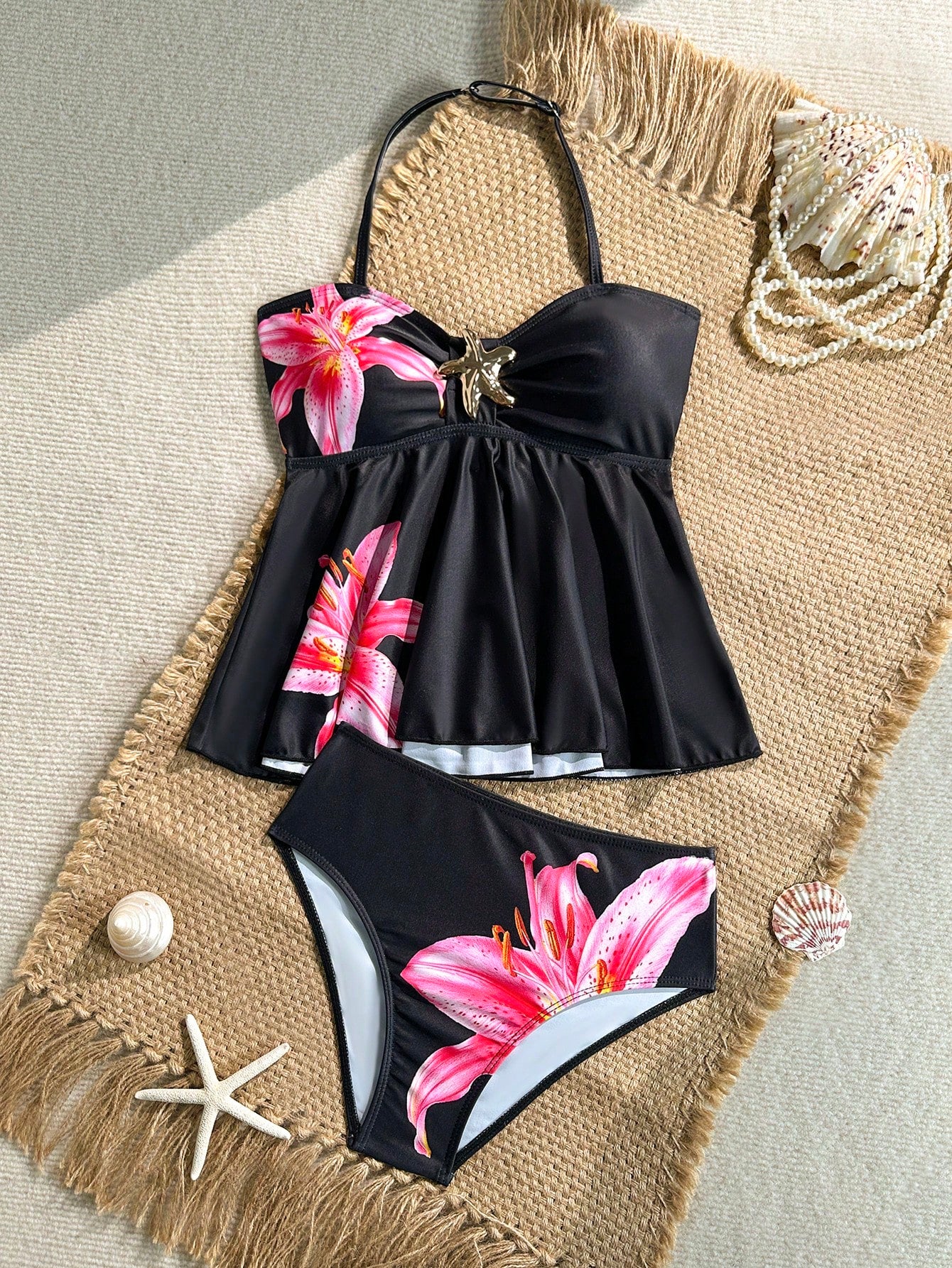 Tween Girl Tween Girl Textured Knit Apricot Halter Gold Shell Tankini Swimwear Set