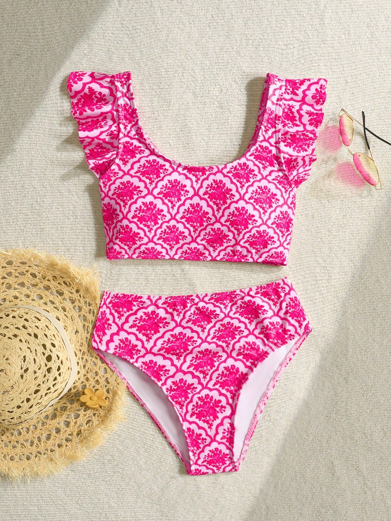 Tween Girl Cute Fruit Print Bikini Set,White Summer Flowy 2pcs Swimwear For Kids Holiday Pool Party,Vintage Floral Patchwork Beach Outfit Bathing Suit