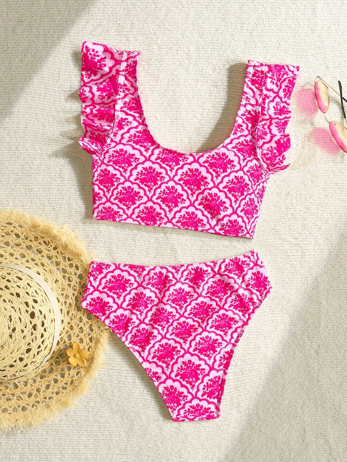 Tween Girl Cute Fruit Print Bikini Set,White Summer Flowy 2pcs Swimwear For Kids Holiday Pool Party,Vintage Floral Patchwork Beach Outfit Bathing Suit