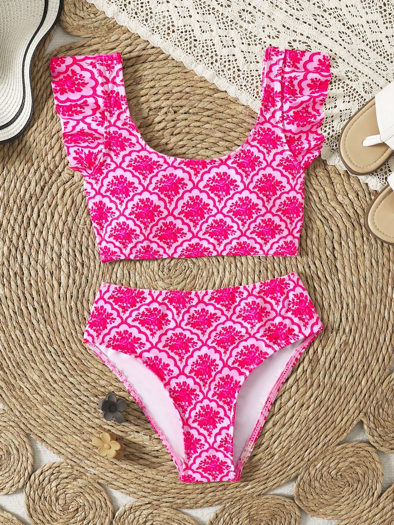 Tween Girl Cute Fruit Print Bikini Set,White Summer Flowy 2pcs Swimwear For Kids Holiday Pool Party,Vintage Floral Patchwork Beach Outfit Bathing Suit