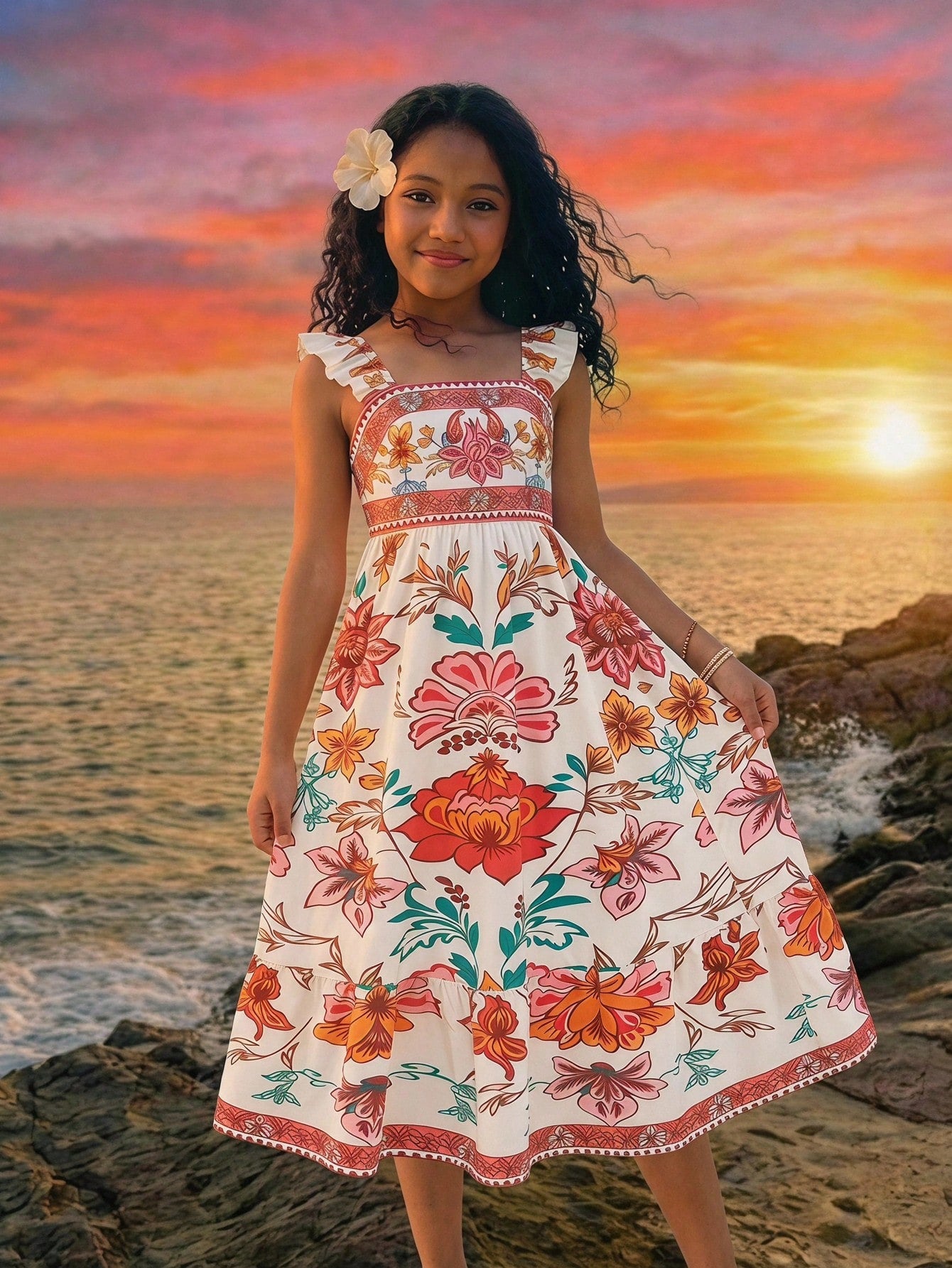 Tween girl multicolor floral vacation dress with square neck, ruffle details, shirred bodice, sleeveless A-line shape, high waist, and flounce hem.