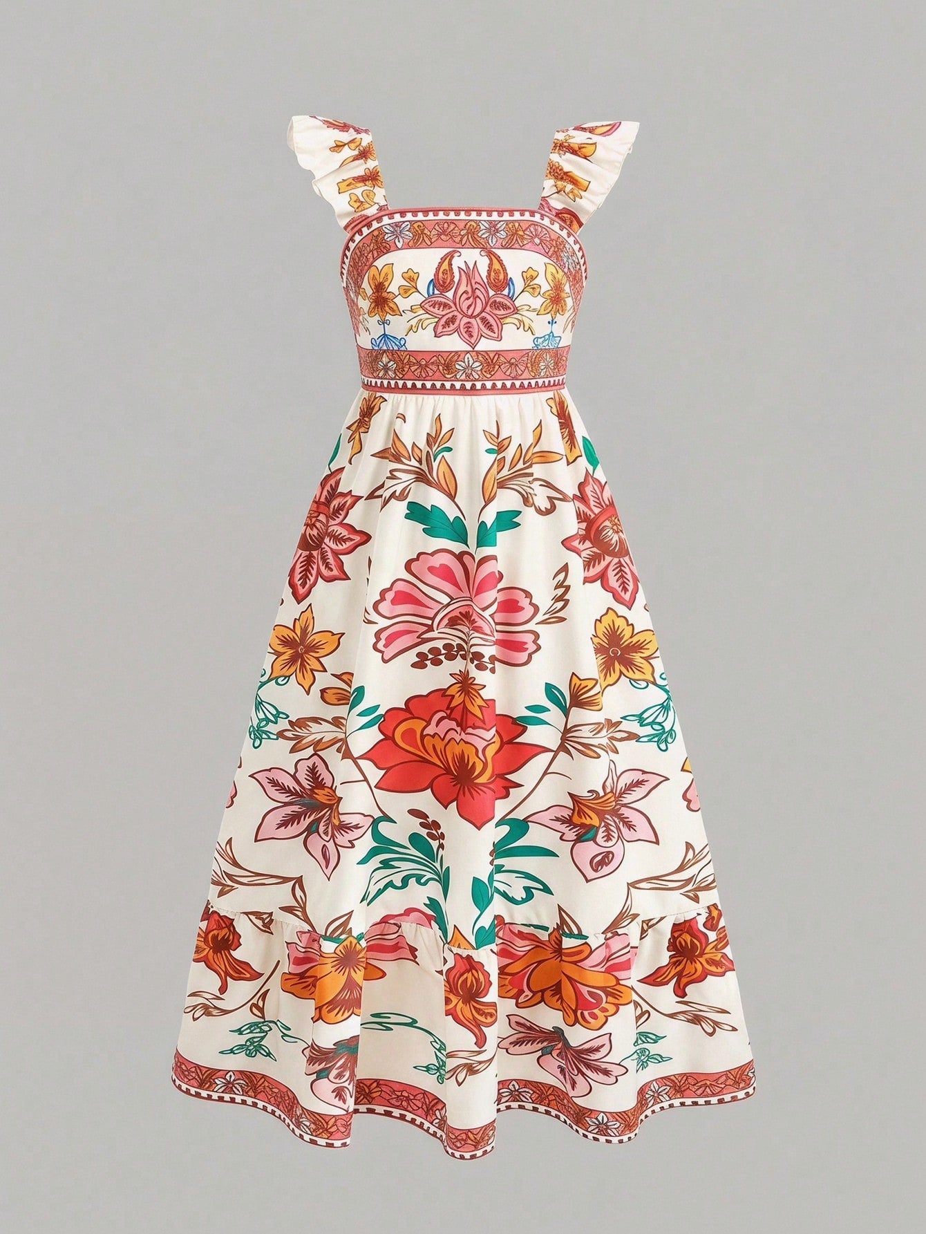 Tween girl multicolor floral vacation dress with square neck, ruffle details, shirred bodice, sleeveless A-line shape, high waist, and flounce hem.