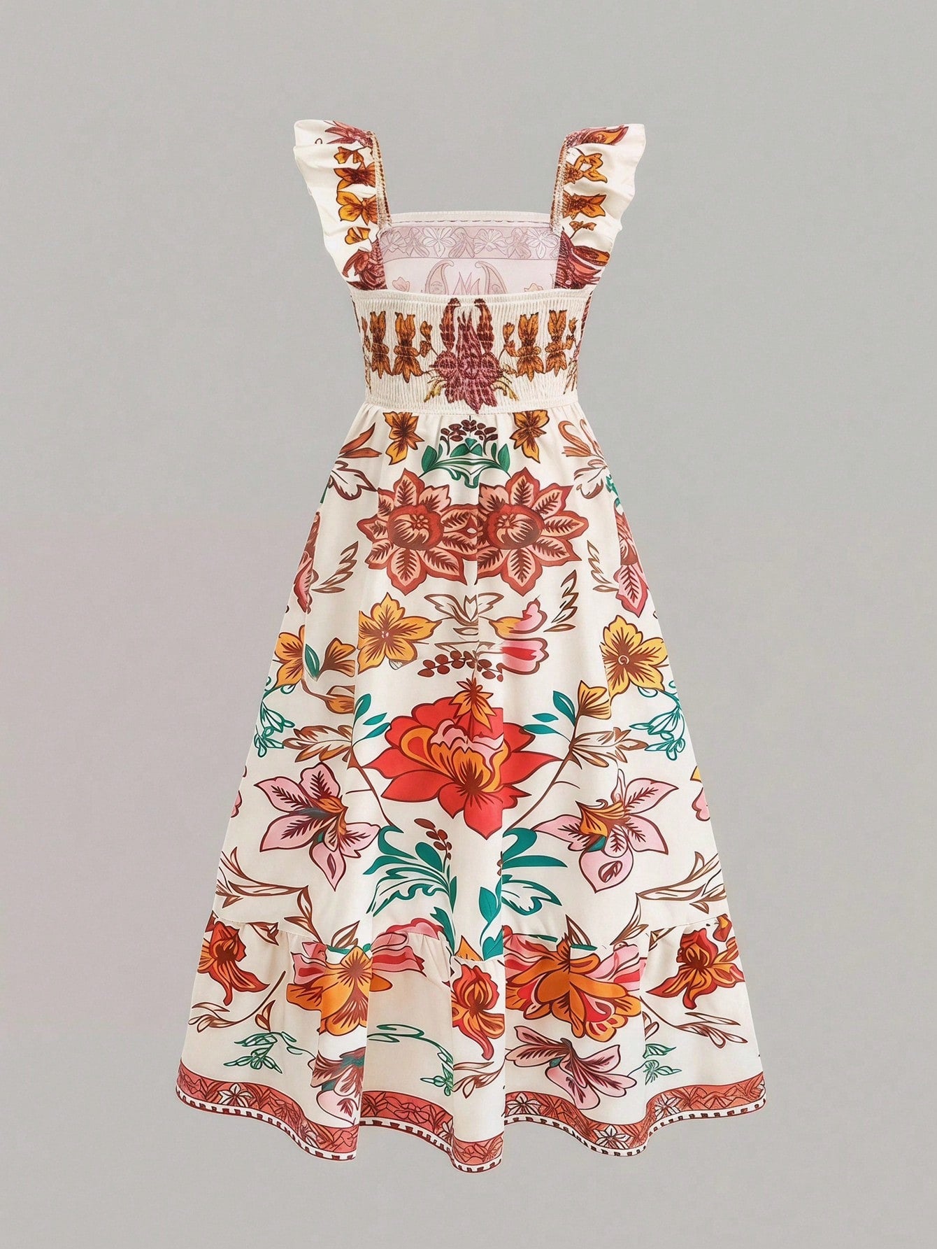 Tween girl multicolor floral vacation dress with square neck, ruffle details, shirred bodice, sleeveless A-line shape, high waist, and flounce hem.