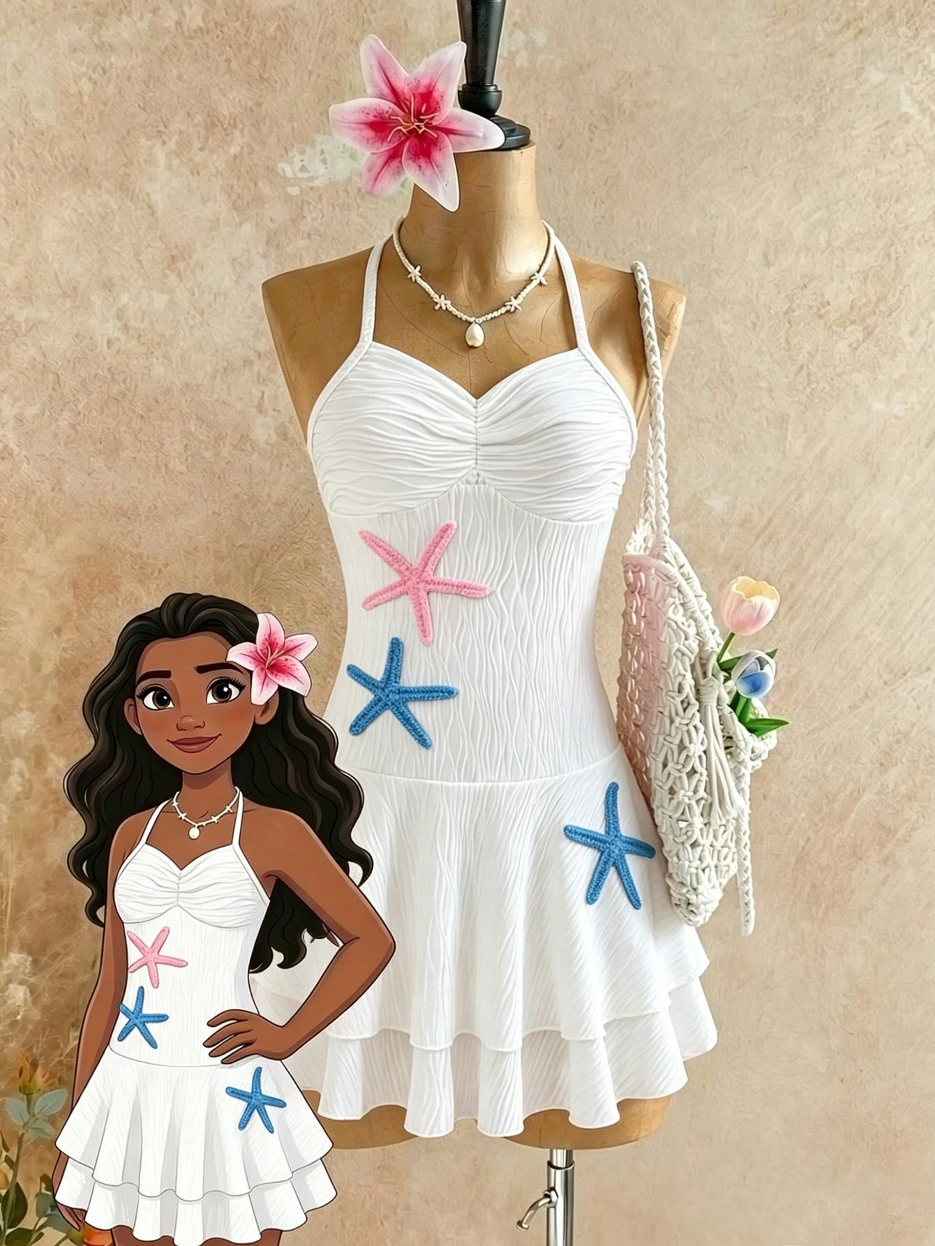 Tween girls apricot sleeveless halter mini dress with textured starfish and shell decor, shirred tiered layer, high waist, and flounce hem.