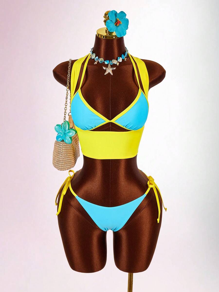 Blue 3-piece women's swimwear set featuring a 3D rose detailed triangle top with cutout tie closure and matching tie-side thong bottom.