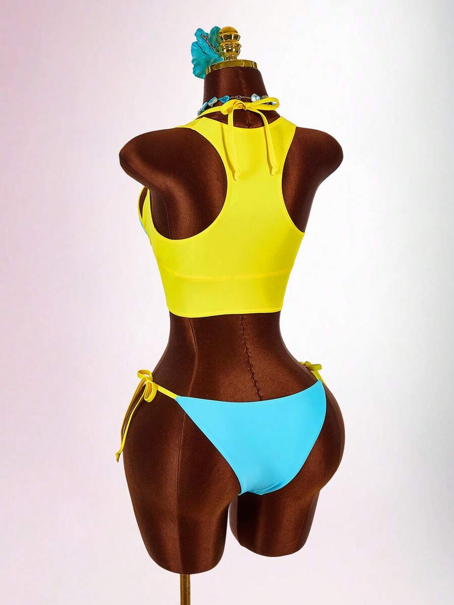 Blue 3-piece women's swimwear set featuring a 3D rose detailed triangle top with cutout tie closure and matching tie-side thong bottom.