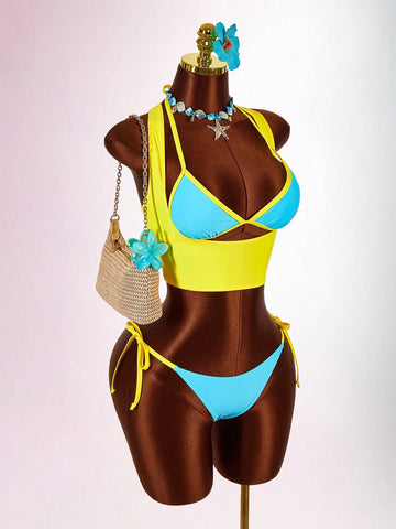 Blue 3-piece women's swimwear set featuring a 3D rose detailed triangle top with cutout tie closure and matching tie-side thong bottom.