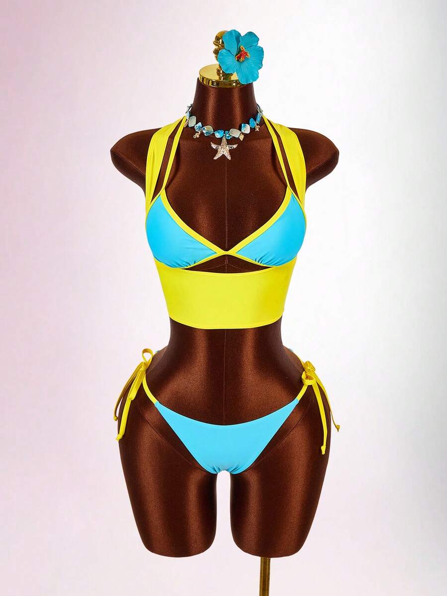 Blue 3-piece women's swimwear set featuring a 3D rose detailed triangle top with cutout tie closure and matching tie-side thong bottom.