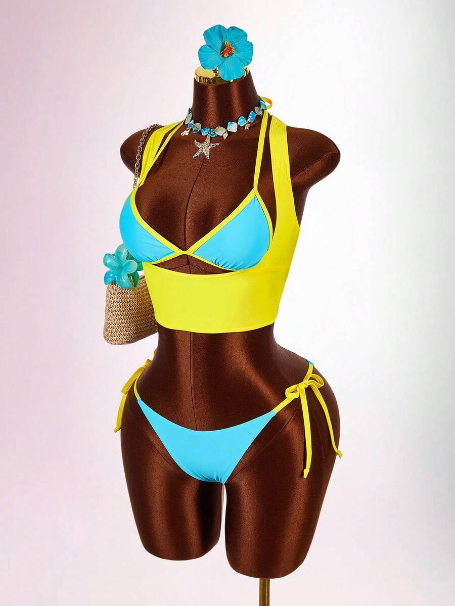 Blue 3-piece women's swimwear set featuring a 3D rose detailed triangle top with cutout tie closure and matching tie-side thong bottom.