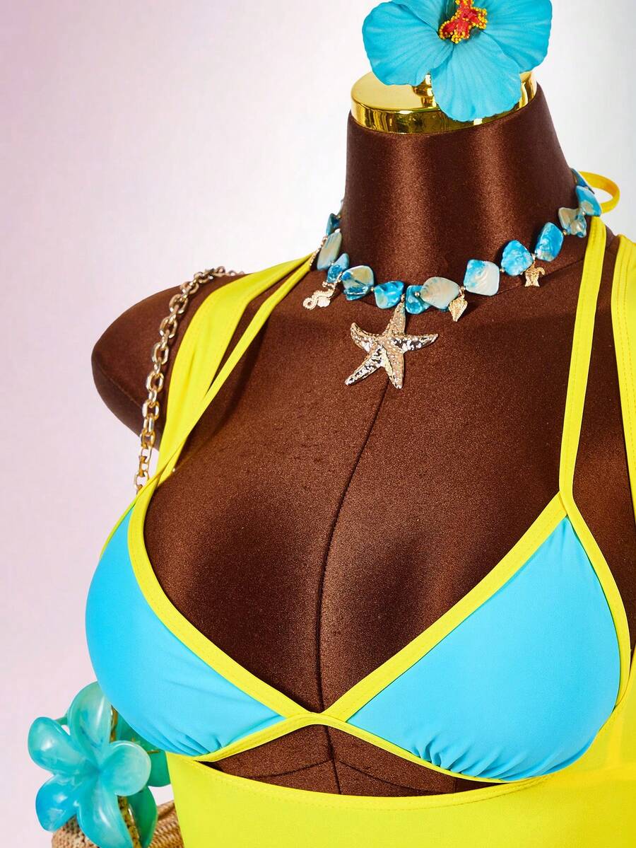 Blue 3-piece women's swimwear set featuring a 3D rose detailed triangle top with cutout tie closure and matching tie-side thong bottom.