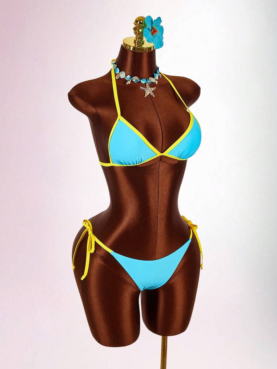 Blue 3-piece women's swimwear set featuring a 3D rose detailed triangle top with cutout tie closure and matching tie-side thong bottom.
