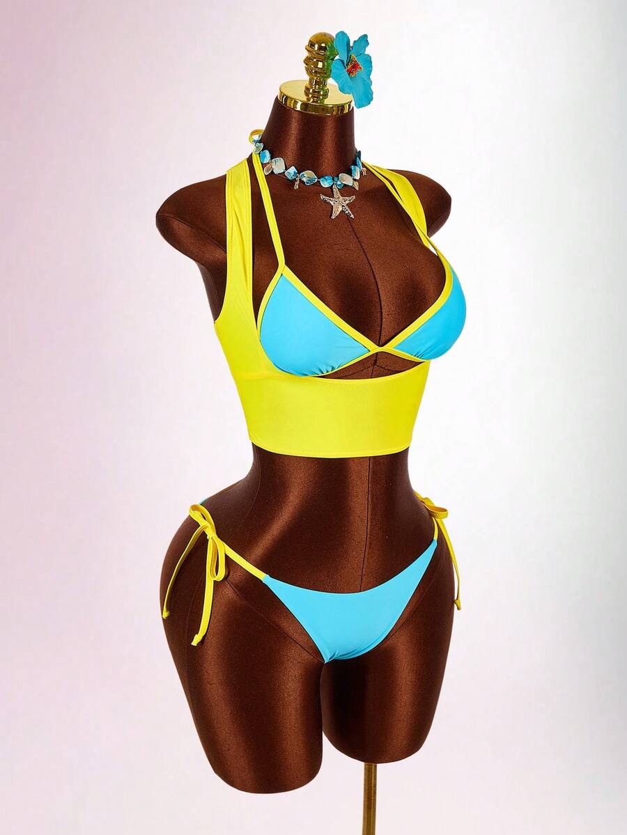 Blue 3-piece women's swimwear set featuring a 3D rose detailed triangle top with cutout tie closure and matching tie-side thong bottom.