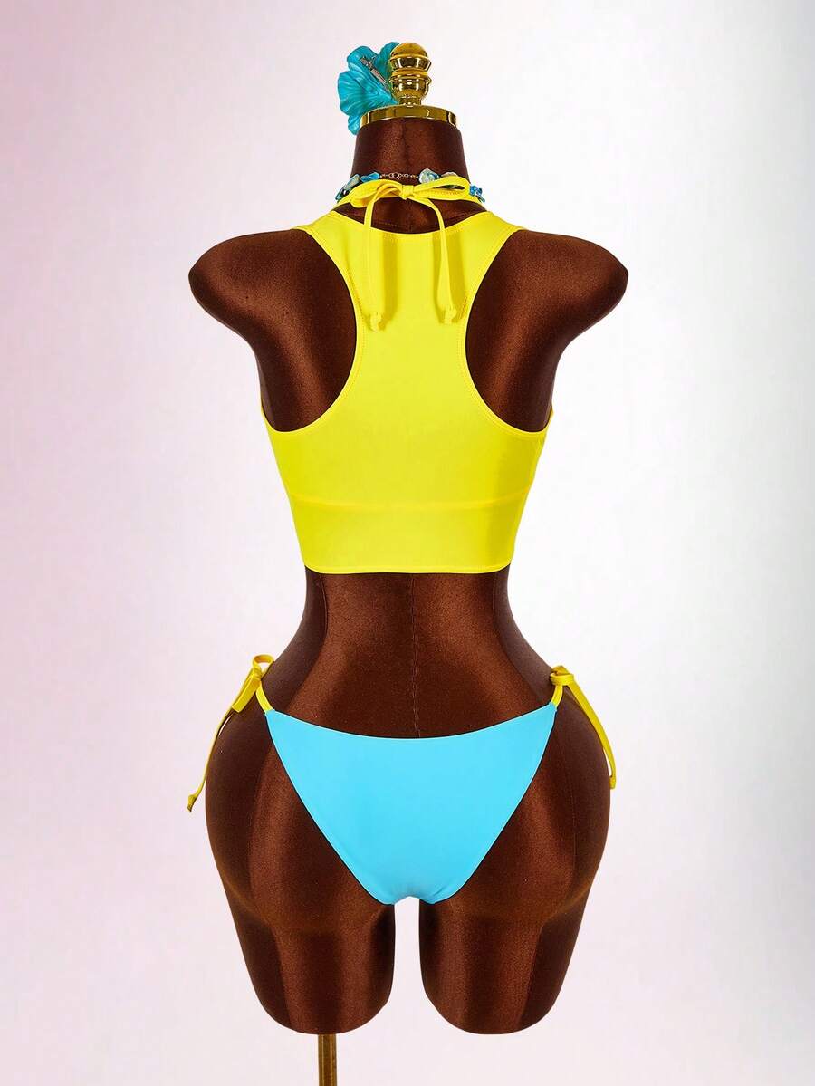 Blue 3-piece women's swimwear set featuring a 3D rose detailed triangle top with cutout tie closure and matching tie-side thong bottom.