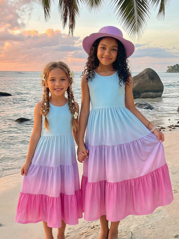 Tween girls multicolor striped sleeveless long A-line dress featuring round neck, high waist, flounce hem, and contrast lace details.