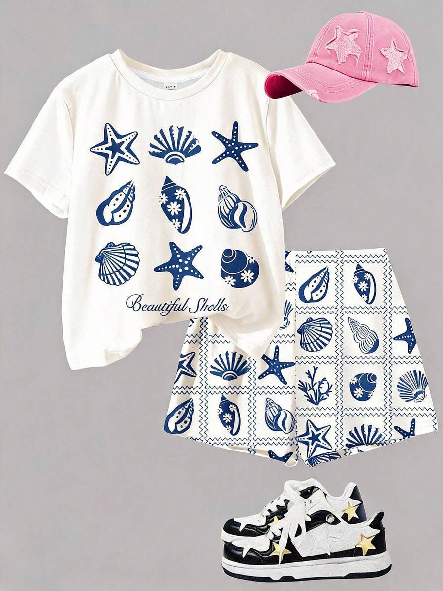 Tween girls 2-piece summer casual outfit featuring a multicolor seashell print short sleeve T-shirt with drop shoulders and matching loose fit shorts with pockets.