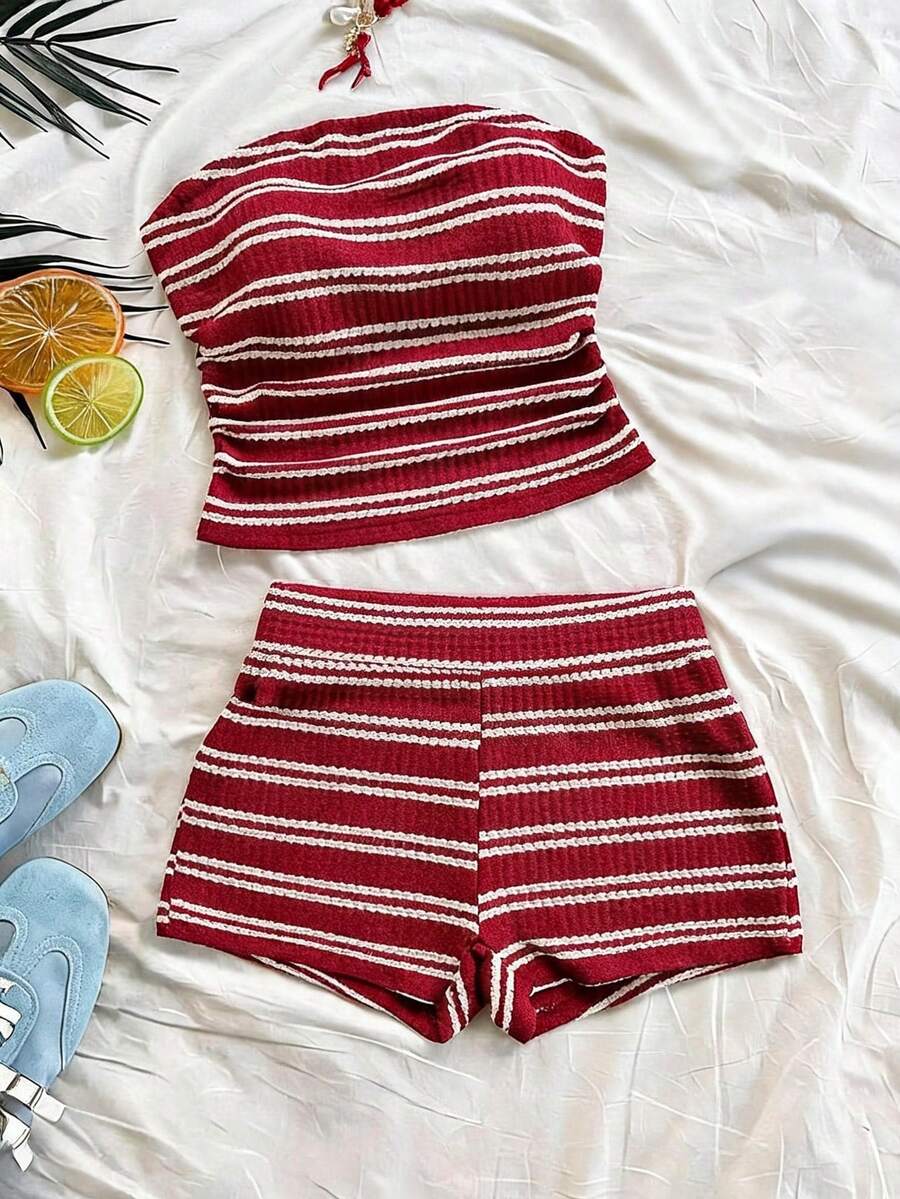 Black striped rib-knit halter tank top with lettuce trim and matching casual shorts for tween girls.