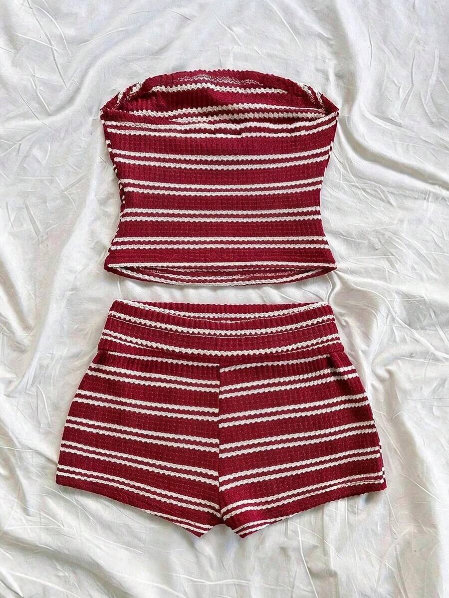 Black striped rib-knit halter tank top with lettuce trim and matching casual shorts for tween girls.