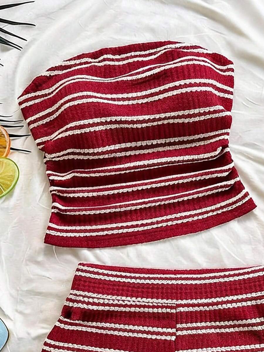 Black striped rib-knit halter tank top with lettuce trim and matching casual shorts for tween girls.