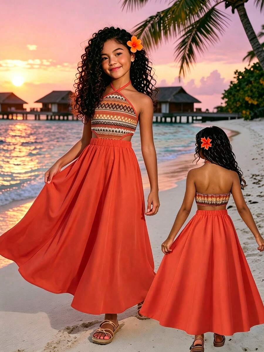 Tween girls floral halter dress with backless sleeveless design, belted high waist, shirred details, appliques, and flared A-line midi silhouette for summer vacation or graduation outfit.