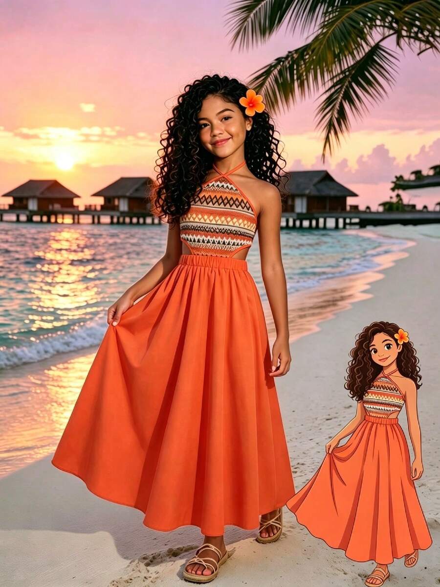Tween girls floral halter dress with backless sleeveless design, belted high waist, shirred details, appliques, and flared A-line midi silhouette for summer vacation or graduation outfit.