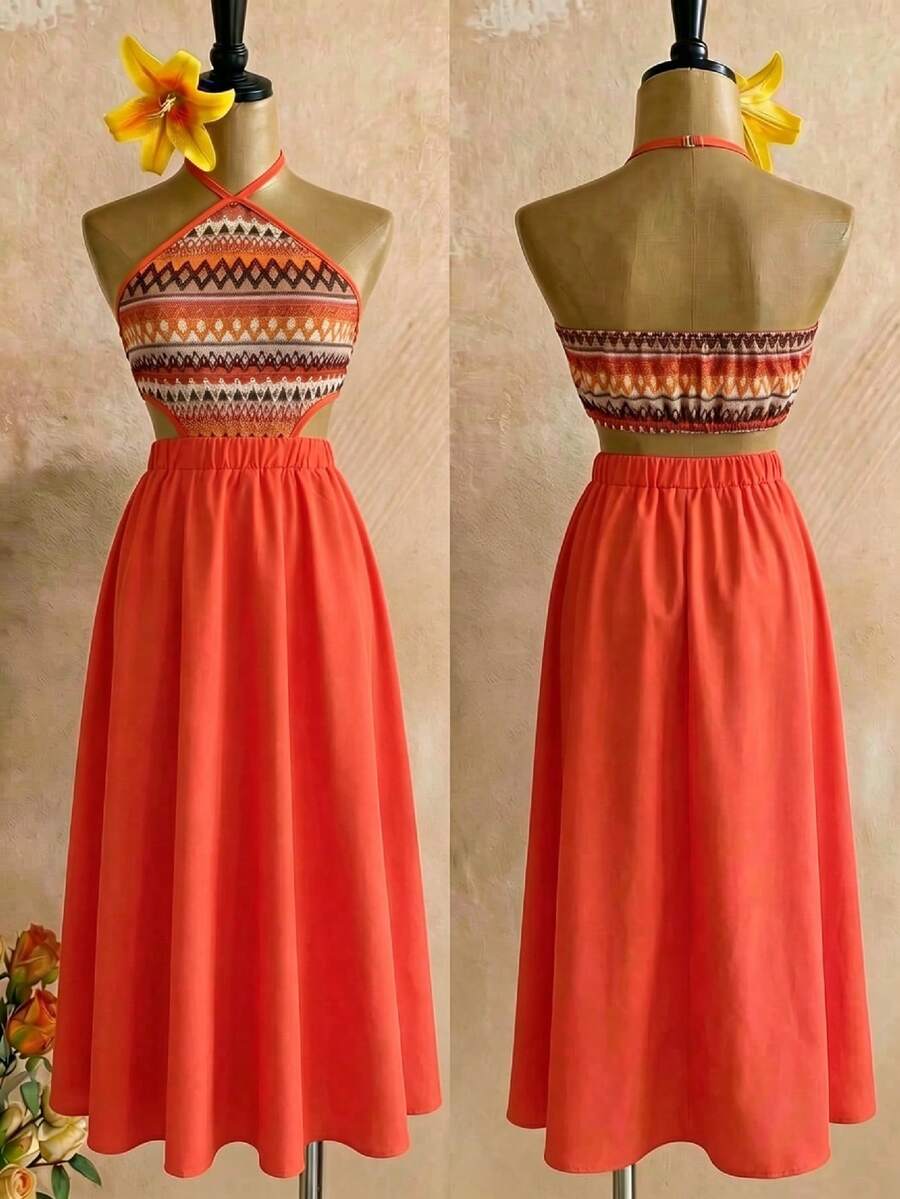 Tween girls floral halter dress with backless sleeveless design, belted high waist, shirred details, appliques, and flared A-line midi silhouette for summer vacation or graduation outfit.