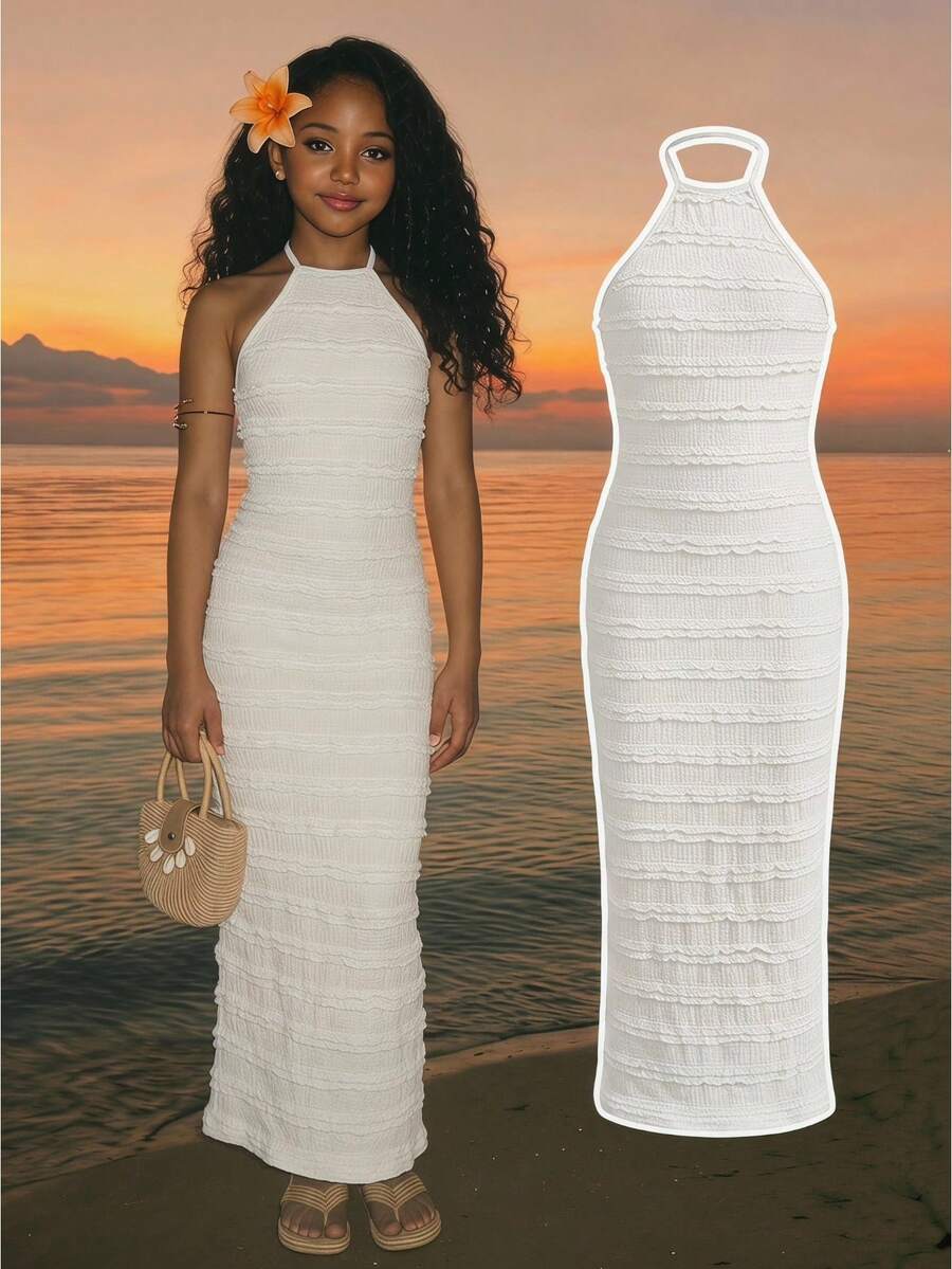 White sleeveless halter maxi dress for tween girls with slim fit, plain textured fabric, natural waist, pencil hem, and side split for summer daily wear and vacation outfits.