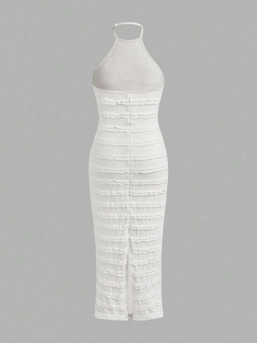 White sleeveless halter maxi dress for tween girls with slim fit, plain textured fabric, natural waist, pencil hem, and side split for summer daily wear and vacation outfits.
