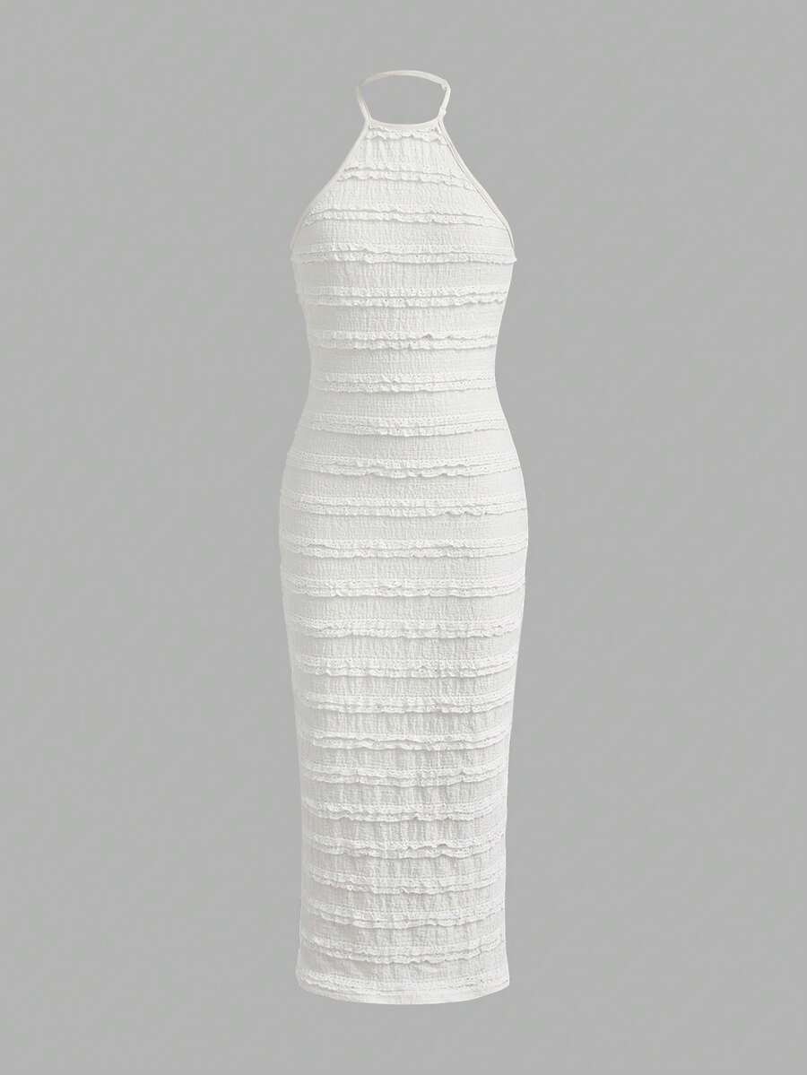 White sleeveless halter maxi dress for tween girls with slim fit, plain textured fabric, natural waist, pencil hem, and side split for summer daily wear and vacation outfits.