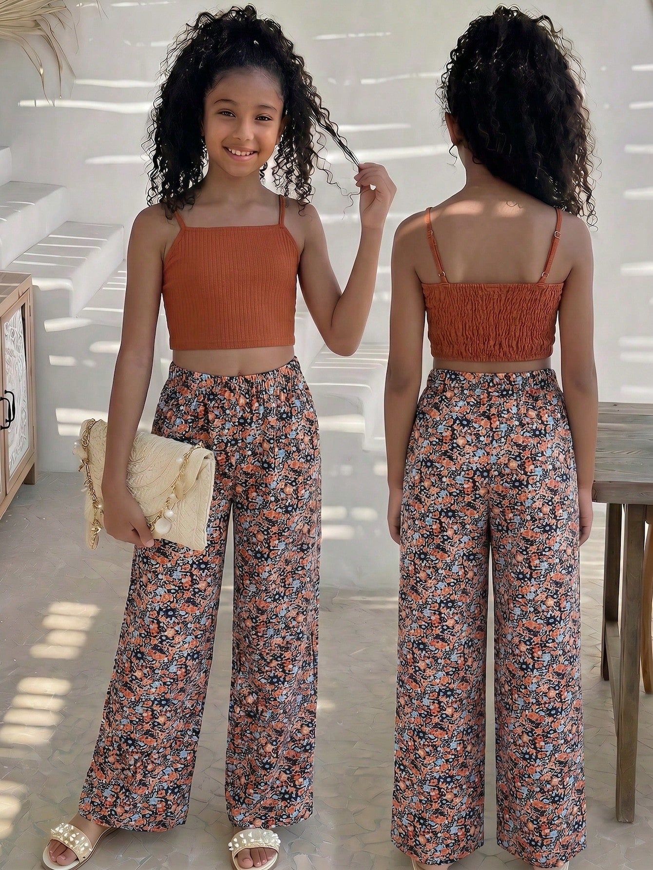 Tween girls casual 2-piece set featuring an apricot woven camisole crop top with back shirring and matching high-waisted loose long pants.