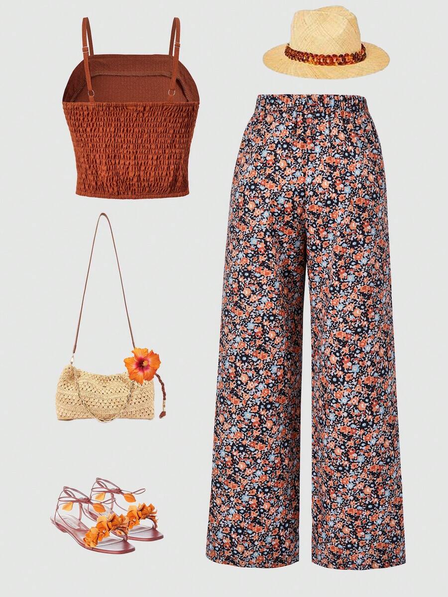 Tween girls casual 2-piece set featuring an apricot woven camisole crop top with back shirring and matching high-waisted loose long pants.