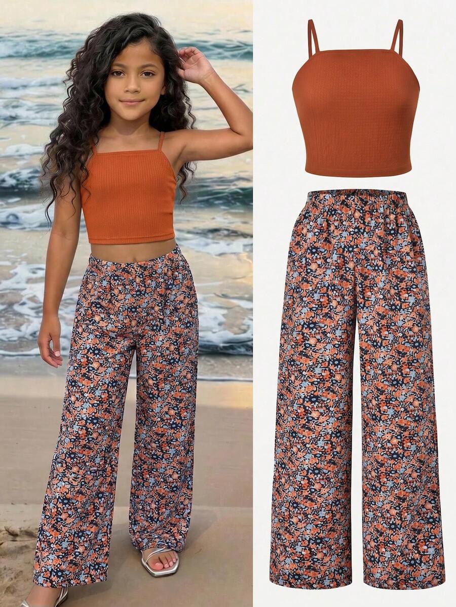 Tween girls casual 2-piece set featuring an apricot woven camisole crop top with back shirring and matching high-waisted loose long pants.