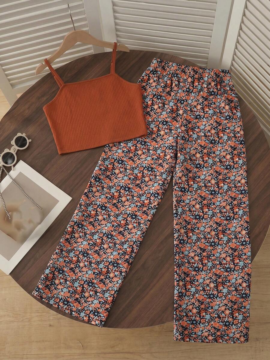 Tween girls casual 2-piece set featuring an apricot woven camisole crop top with back shirring and matching high-waisted loose long pants.