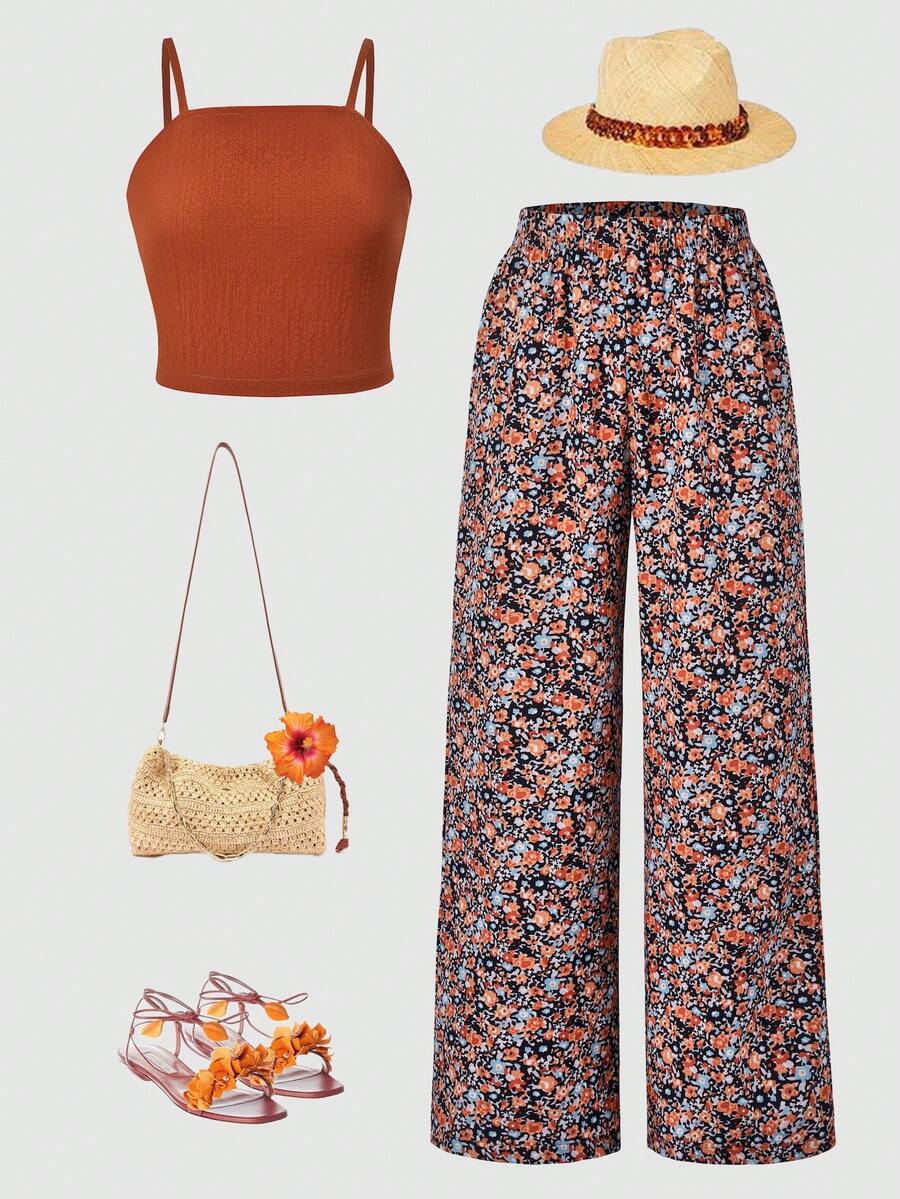 Tween girls casual 2-piece set featuring an apricot woven camisole crop top with back shirring and matching high-waisted loose long pants.