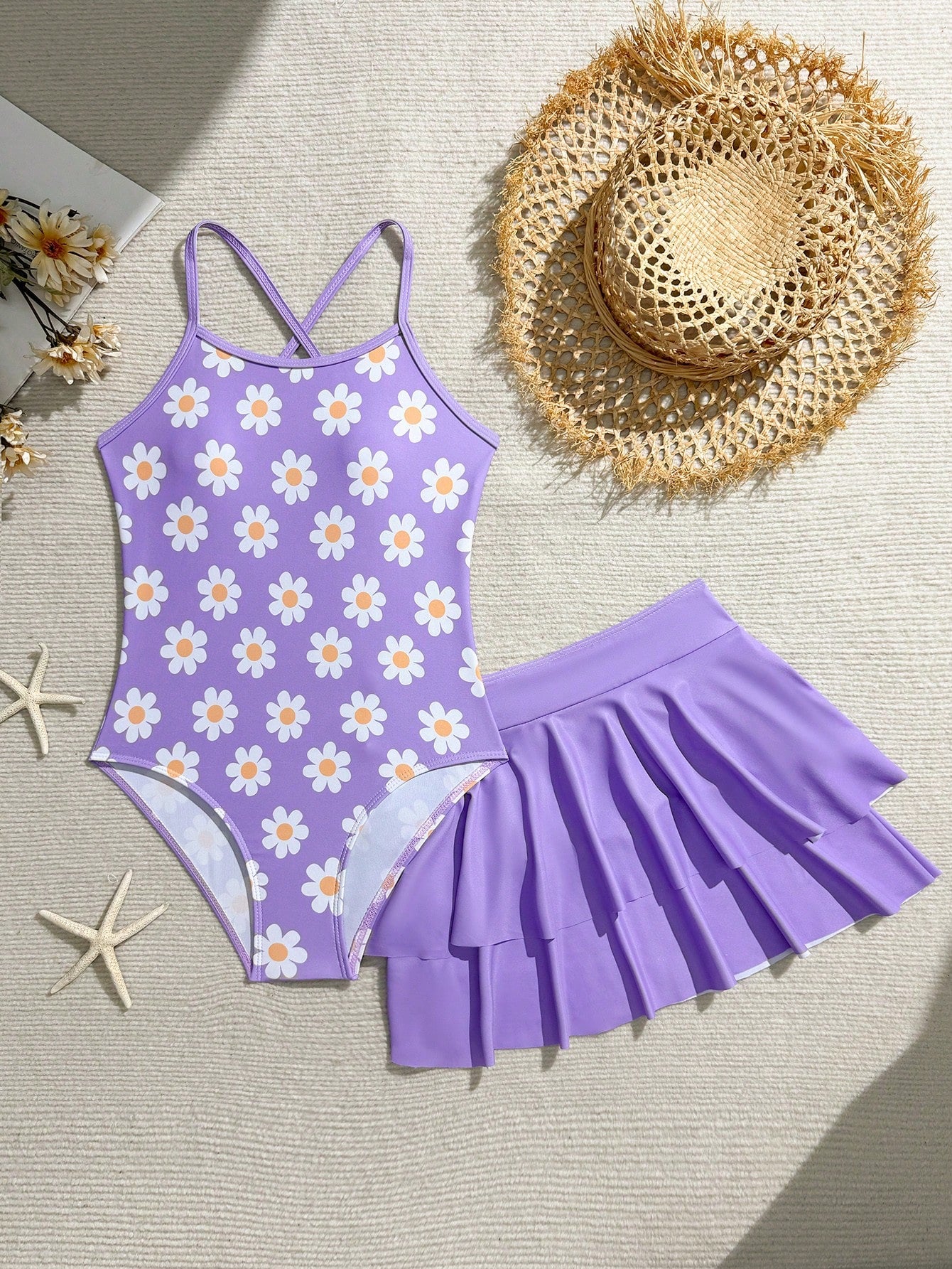 Cute Purple Floral Print One-Piece Criss-Cross Strap Bikini Bottom With Orange Ruffle Hem Beach Skirt, Fashionable Sporty Style, Suitable For Swimming, Summer Vacation, Beach, Seaside, Pool, Swimming Pool, Summer Holiday Party, Casual Vacation