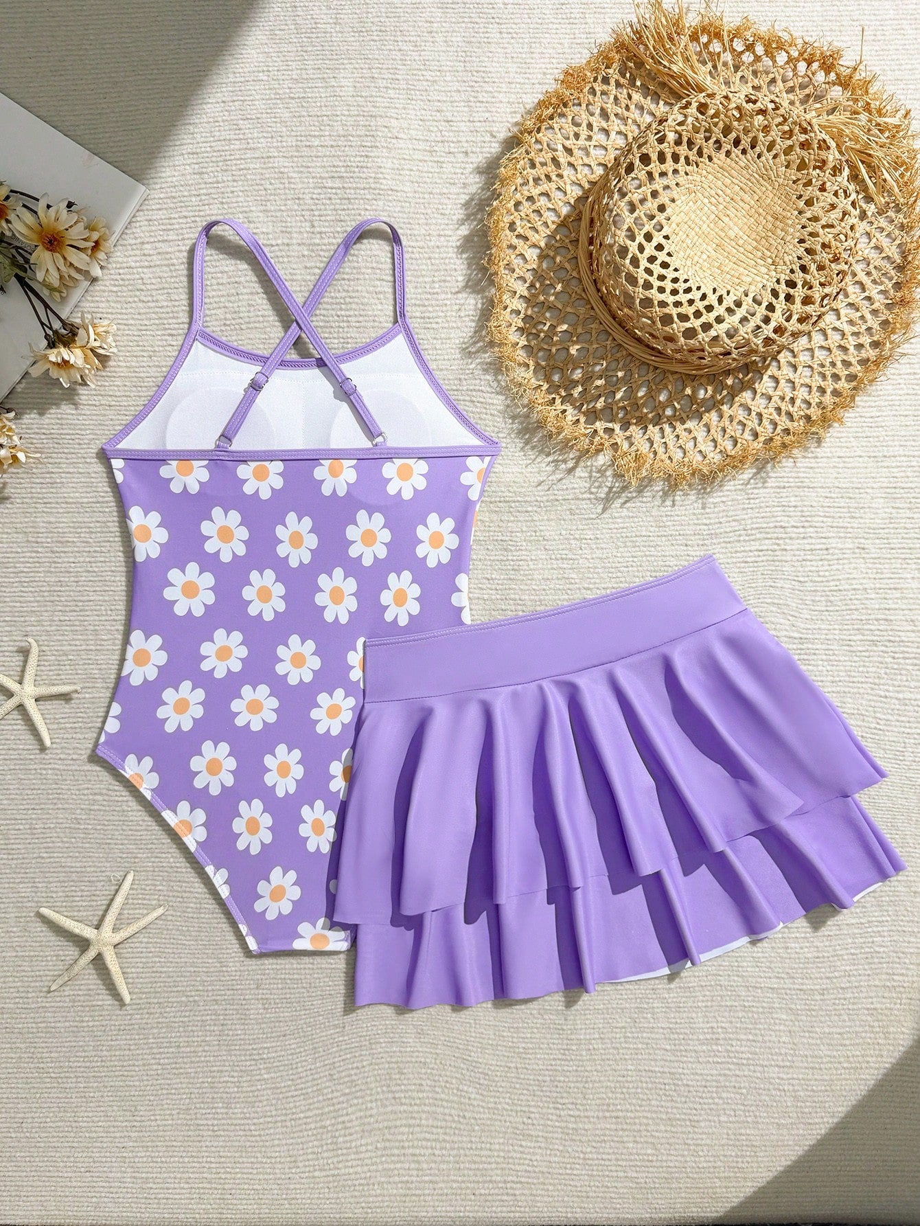 Cute Purple Floral Print One-Piece Criss-Cross Strap Bikini Bottom With Orange Ruffle Hem Beach Skirt, Fashionable Sporty Style, Suitable For Swimming, Summer Vacation, Beach, Seaside, Pool, Swimming Pool, Summer Holiday Party, Casual Vacation