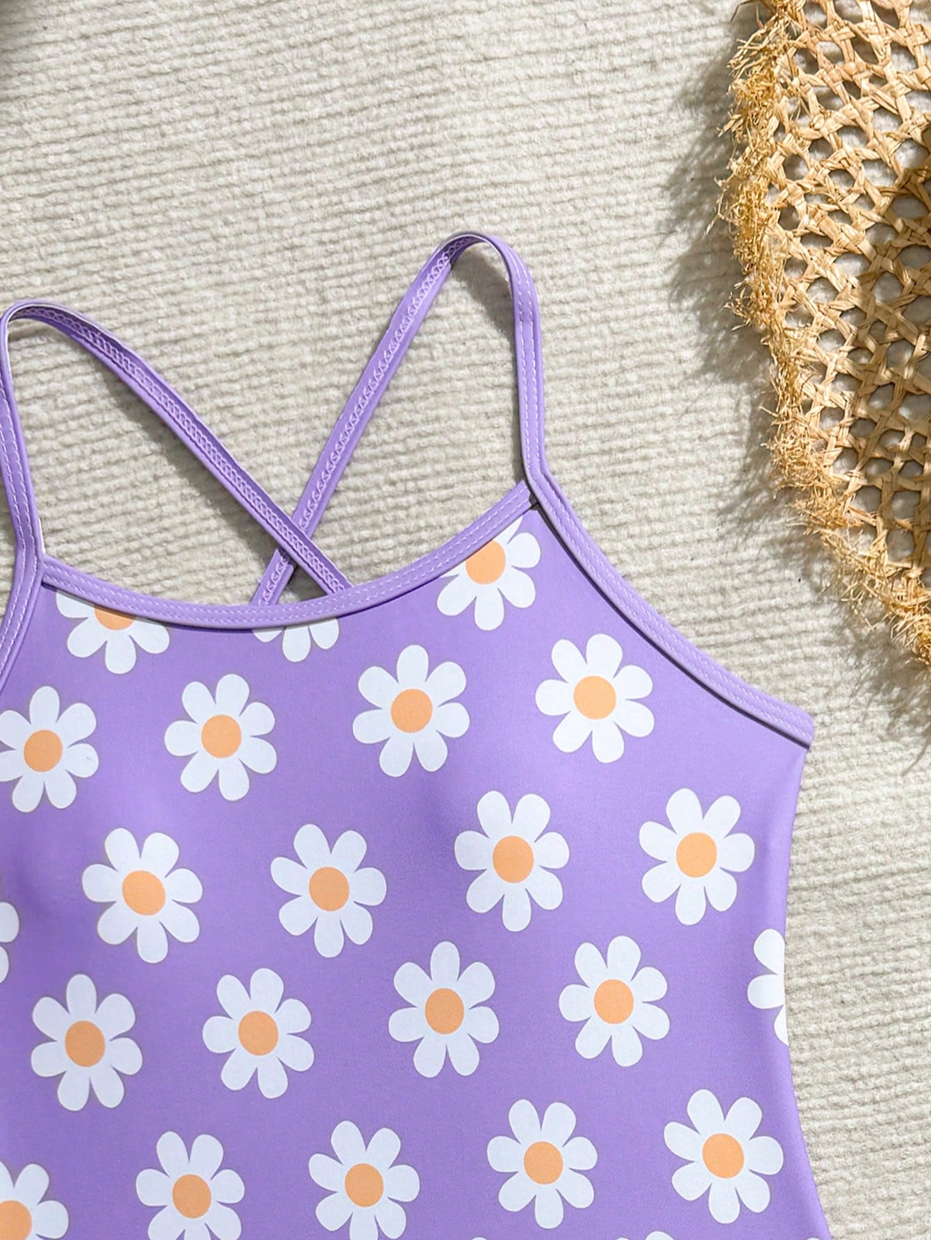 Cute Purple Floral Print One-Piece Criss-Cross Strap Bikini Bottom With Orange Ruffle Hem Beach Skirt, Fashionable Sporty Style, Suitable For Swimming, Summer Vacation, Beach, Seaside, Pool, Swimming Pool, Summer Holiday Party, Casual Vacation