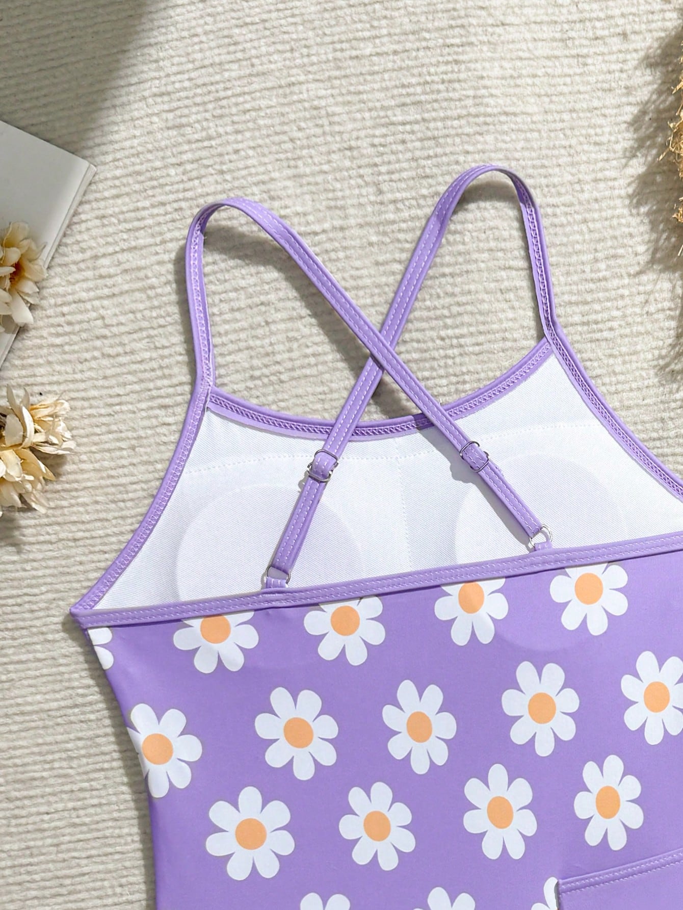 Cute Purple Floral Print One-Piece Criss-Cross Strap Bikini Bottom With Orange Ruffle Hem Beach Skirt, Fashionable Sporty Style, Suitable For Swimming, Summer Vacation, Beach, Seaside, Pool, Swimming Pool, Summer Holiday Party, Casual Vacation