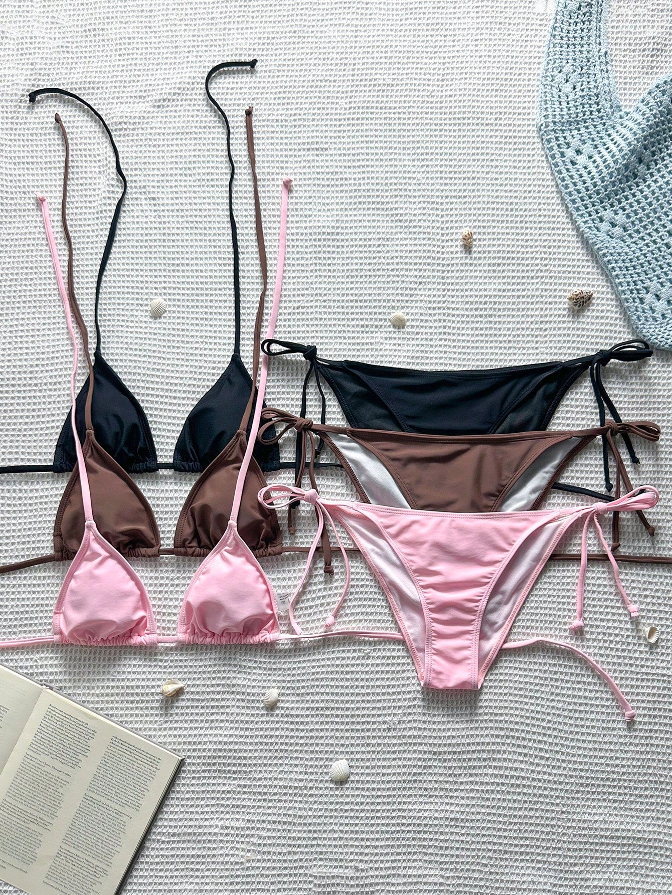 Women's high waist halter tie bikini swimwear set featuring triangle cups, wireless bra with removable padding, and tie side bottoms.