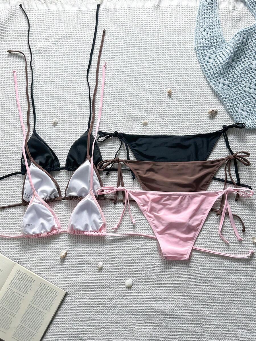 Women's high waist halter tie bikini swimwear set featuring triangle cups, wireless bra with removable padding, and tie side bottoms.
