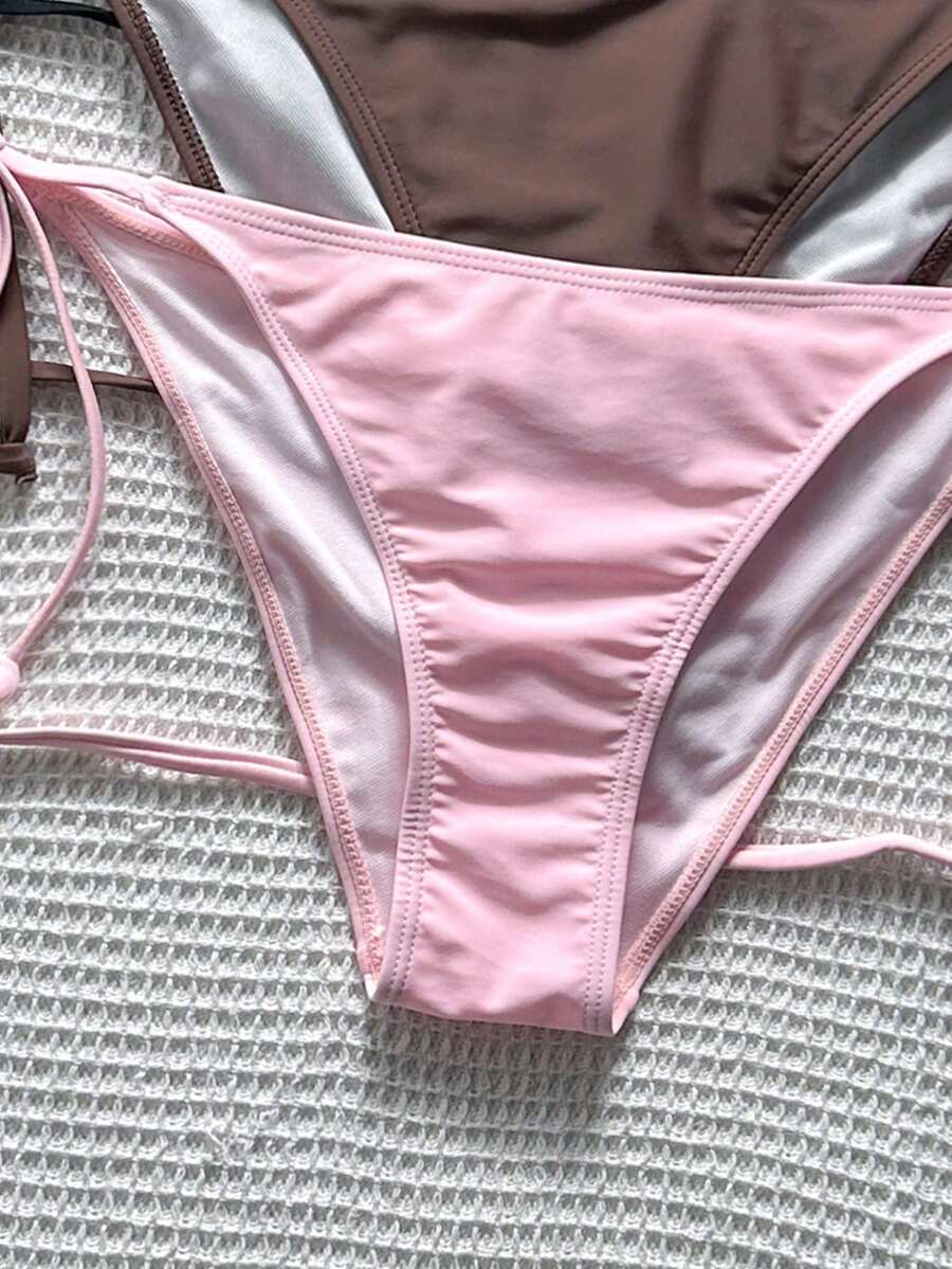 Women's high waist halter tie bikini swimwear set featuring triangle cups, wireless bra with removable padding, and tie side bottoms.