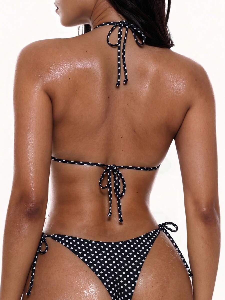 Apricot plain halter triangle bikini swimwear set with tie back top and low waist tie side thong bottom for women