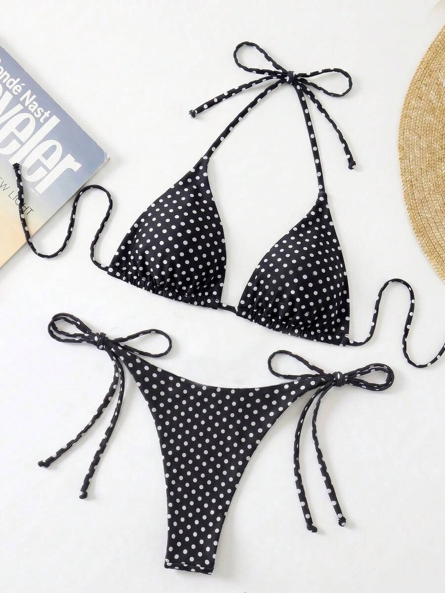 Apricot plain halter triangle bikini swimwear set with tie back top and low waist tie side thong bottom for women